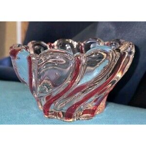 Beautiful Red and Clear Swirl Design Small Dish Bowl Nice For Small Candies 4"
